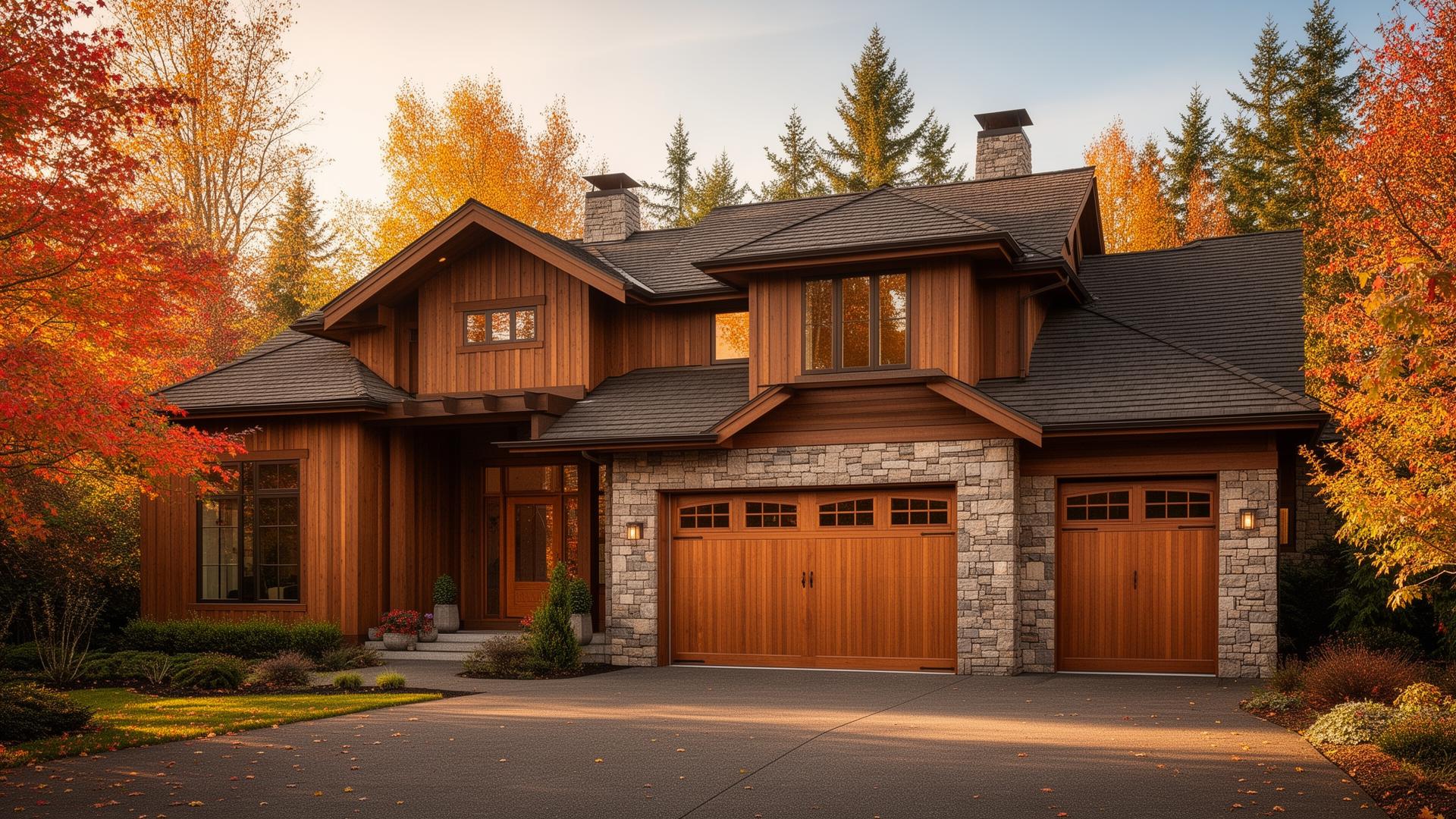 Beautiful Tuscan style garage doors with stone surround on modern home in autumn